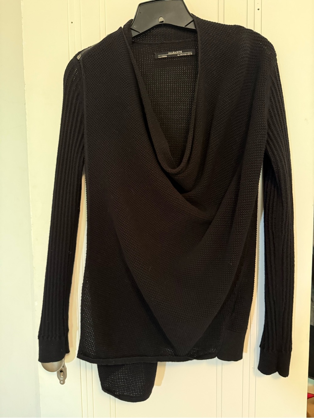 All Saints Black Draped Cowl Neck Cardigan w/Zipper Closure